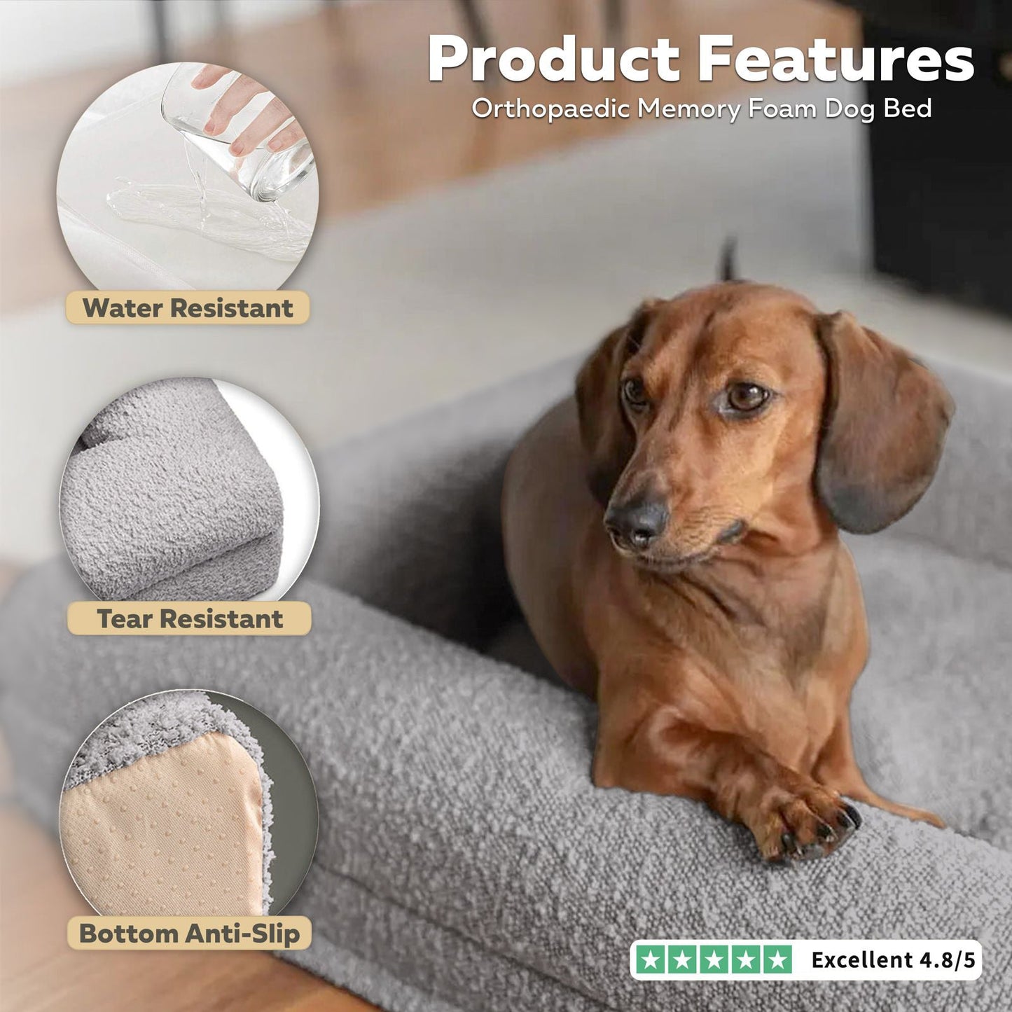 Firm Memory Foam Dog Bed In Grey Boucle Fabric - Medium