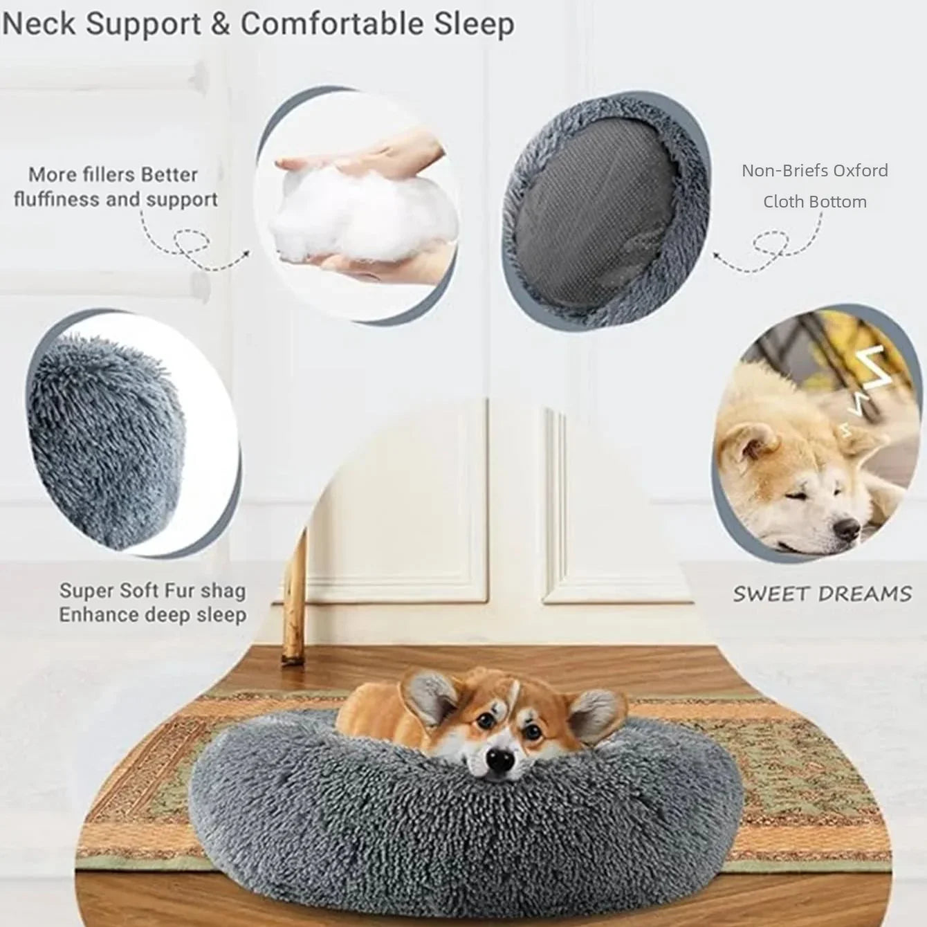 Super soft round fabric calming dog bed