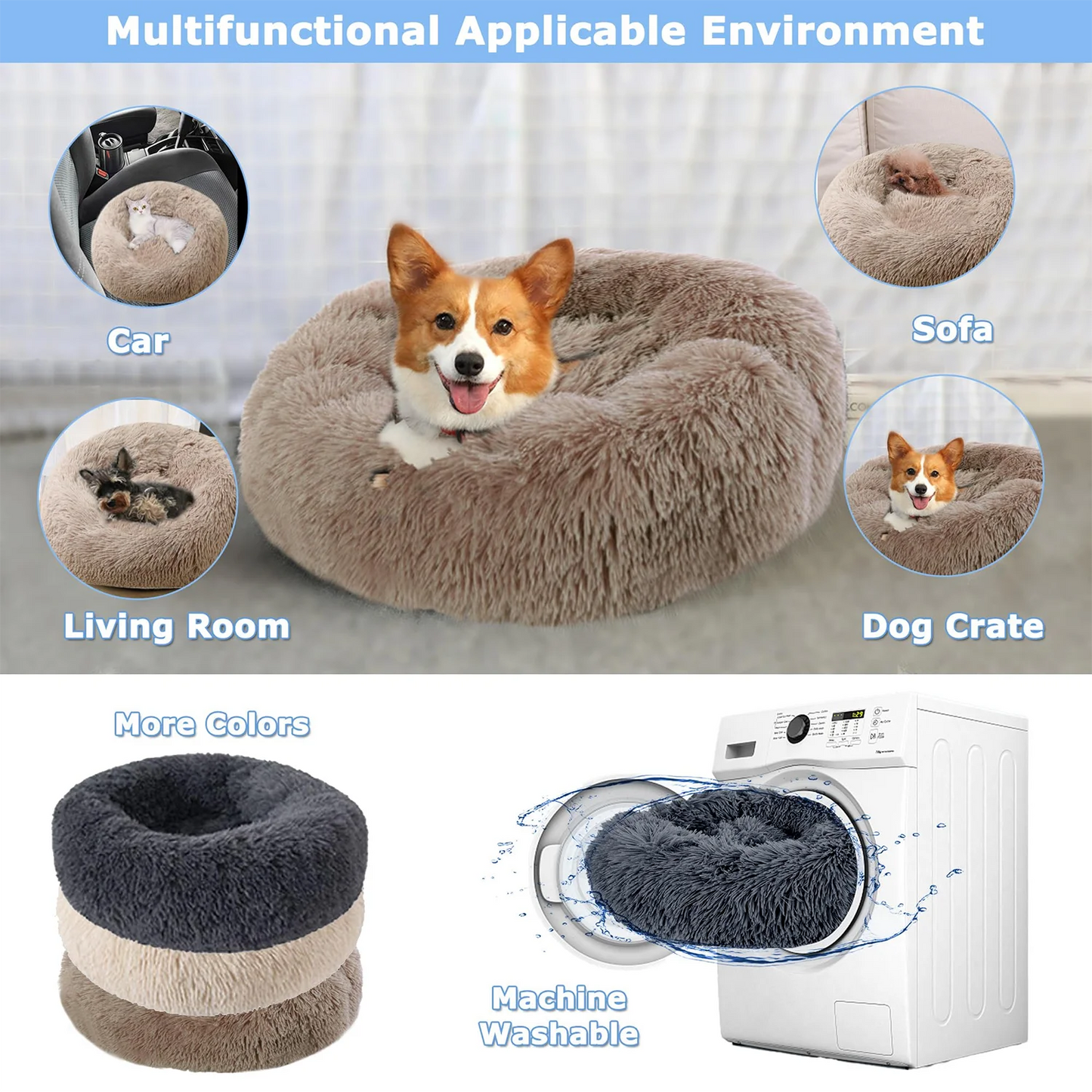 Super soft round fabric calming dog bed