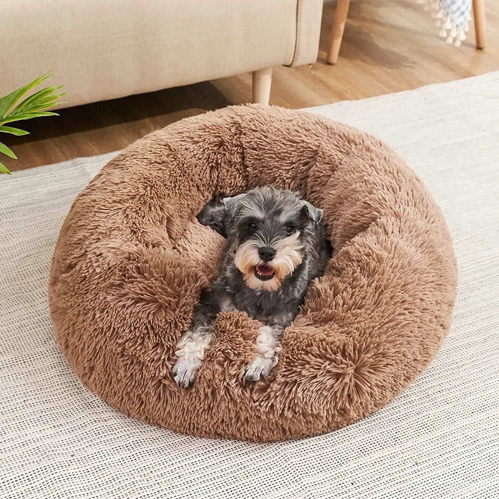 Super soft round fabric calming dog bed