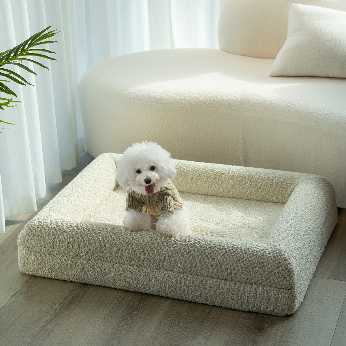 Firm Memory Foam Dog Bed In Ivory Boucle Fabric - Medium