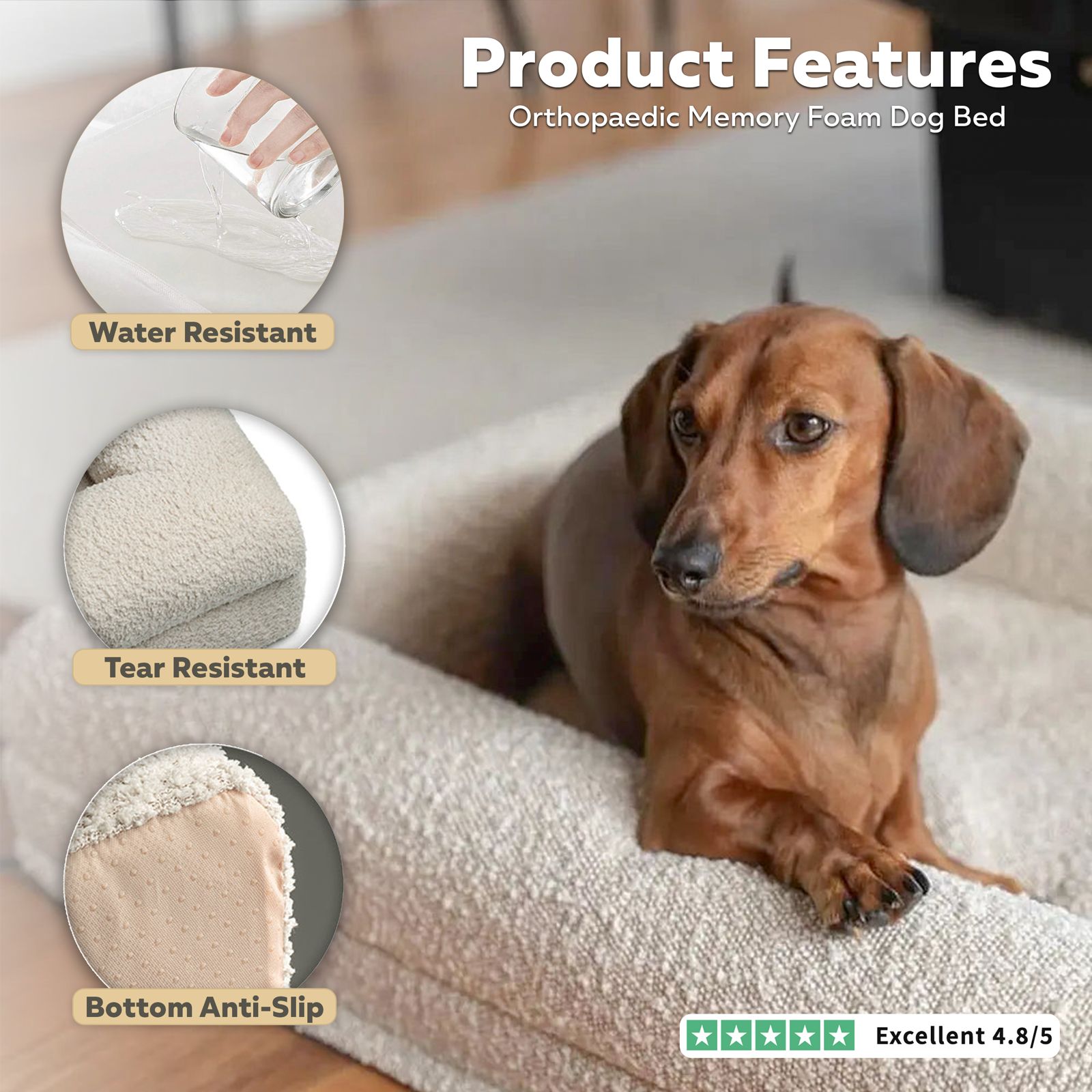 Firm Memory Foam Dog Bed In Ivory Boucle Fabric - Medium