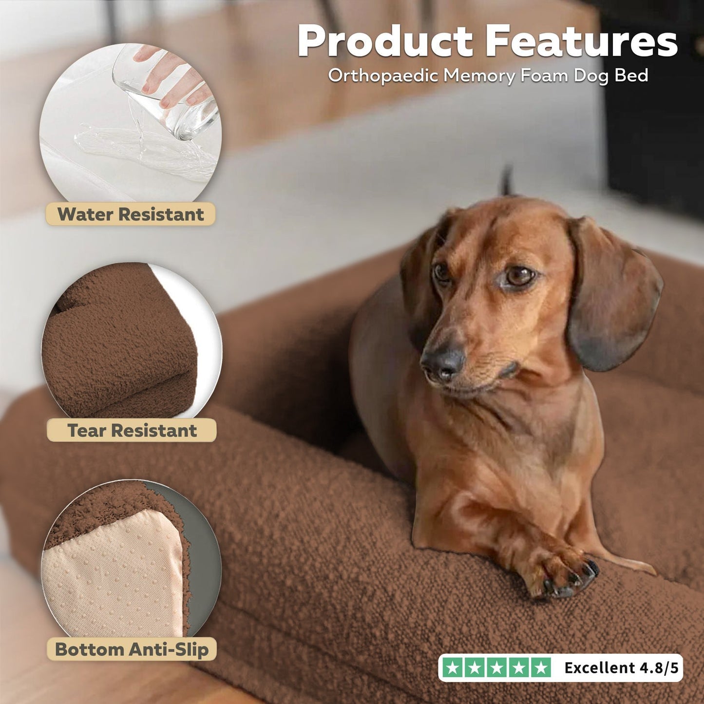 Firm Memory Foam Dog Bed In Brown Boucle Fabric - Large