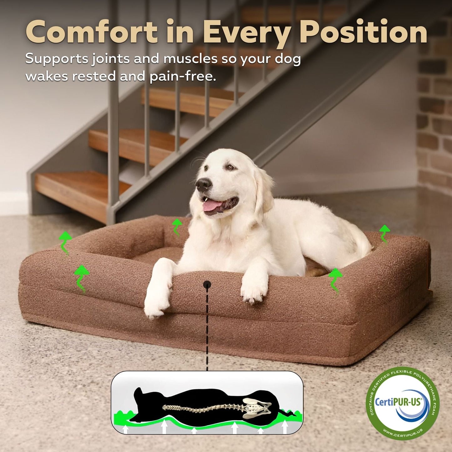 Firm Memory Foam Dog Bed In Brown Boucle Fabric - Large